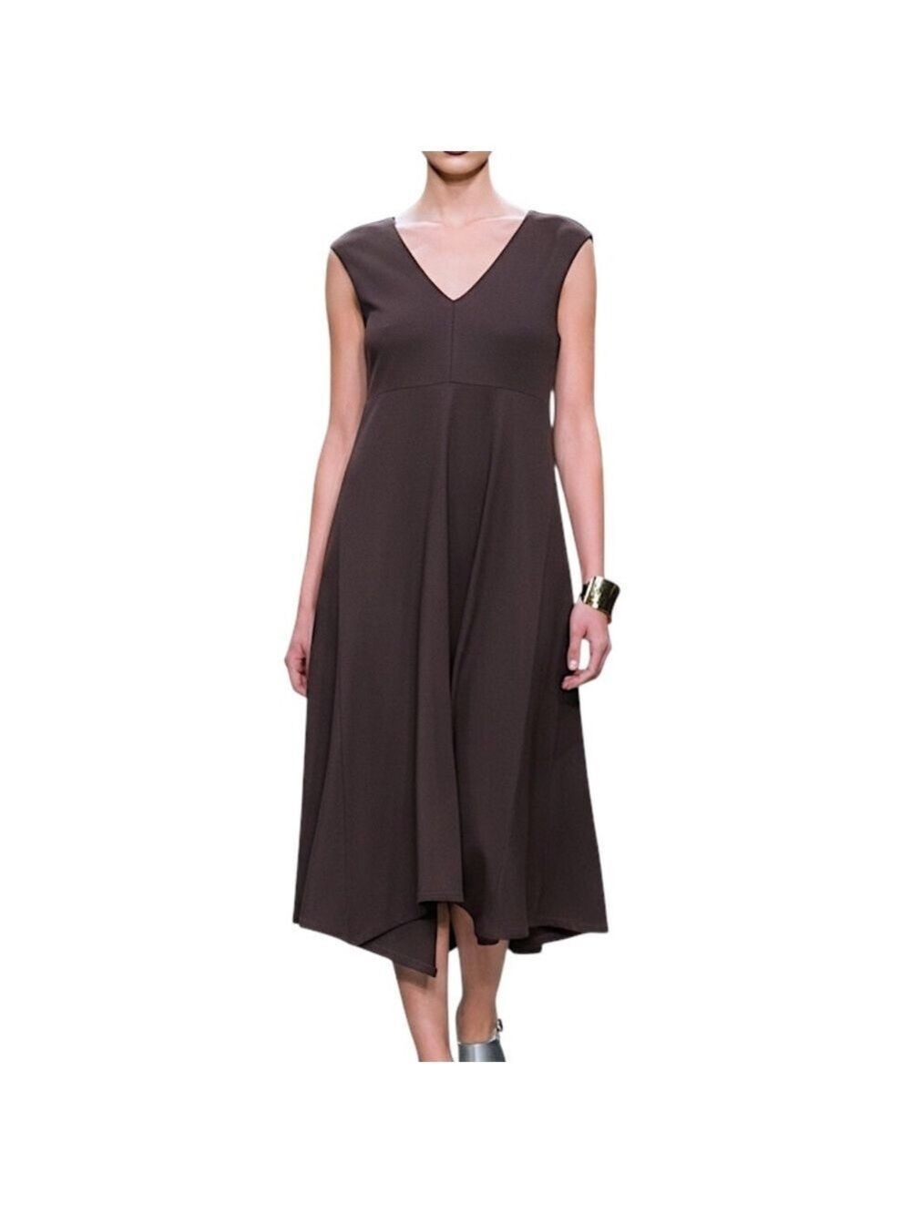 Weekend Max Mara quiet luxury brown jersey knit v neck high low hem midi dress